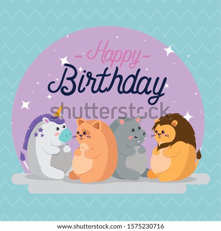 Hippo unicorn cat and lion cartoon design, happy birthday celebration decoration party festive and surprise theme Vector illustration