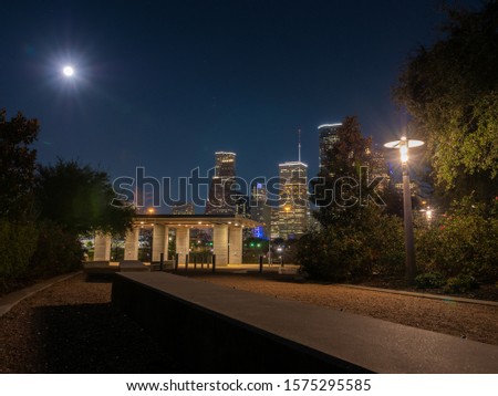 Buffalo Bayou Park in Houston, TX. Skyline shot at night.