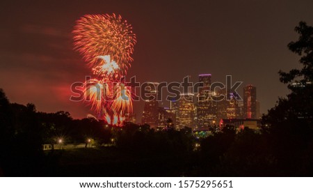 Fireworks over Houston Skyline. 4th of July 2019