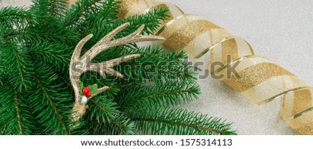 natural Christmas tree branch with gold ribbon and Christmas ornament