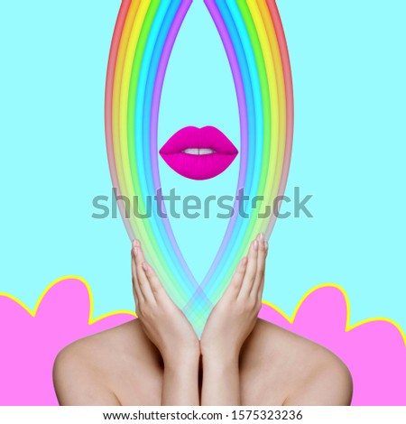 Surreal art. Concept woman body with rainbow as head and lips.