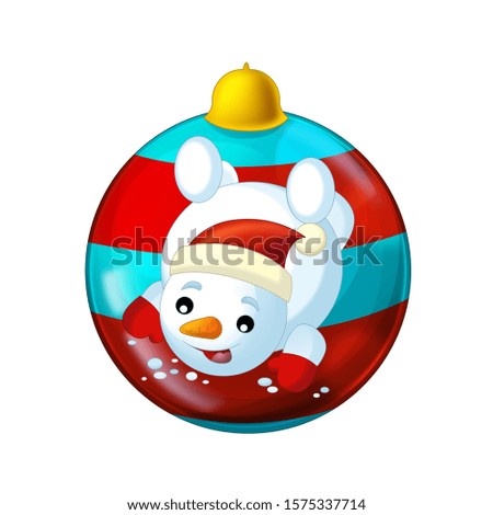 Cartoon scene with glossy shiny christmas baubles on white background with snowman - illustration for children