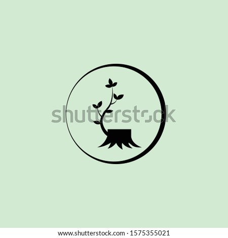 Tree log with a branch and leafs. Regrowth tree log in circle. Nature circle flat vector icon black