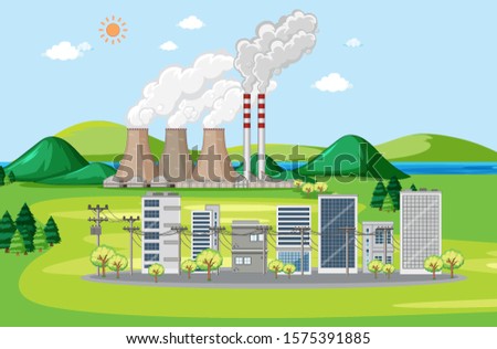 Scene with buildings and factory by the hills illustration