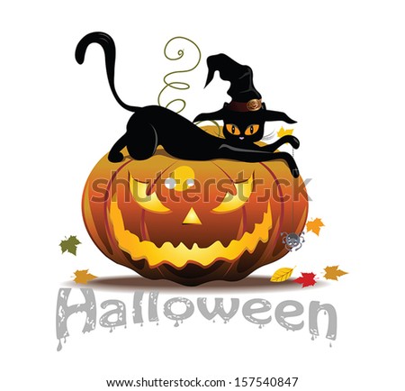 Vector Halloween icon with cat and pumpkin