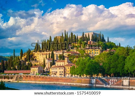 View of the castle of San Pietro in the city of Verona, Italy. The castle is on the top of the hill of San Pietro on the banks of the Adige River Royalty-Free Stock Photo #1575410059