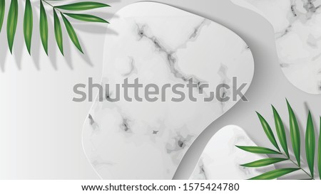 White Blank abstract shape marble template in white background on top view. decor by palm leaves. for product, sale, banner, presentation, cosmetic, offer. copy space. Realistic illustration Vector Royalty-Free Stock Photo #1575424780