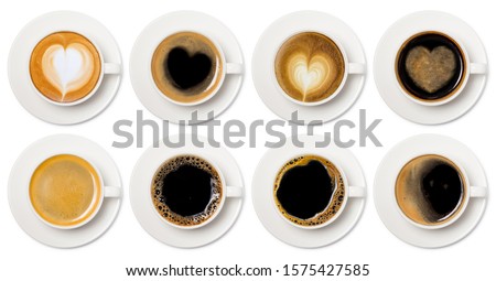 coffee cup assortment top view collection, coffee cup assortment with heart sign top view collection isolated on white background. Royalty-Free Stock Photo #1575427585