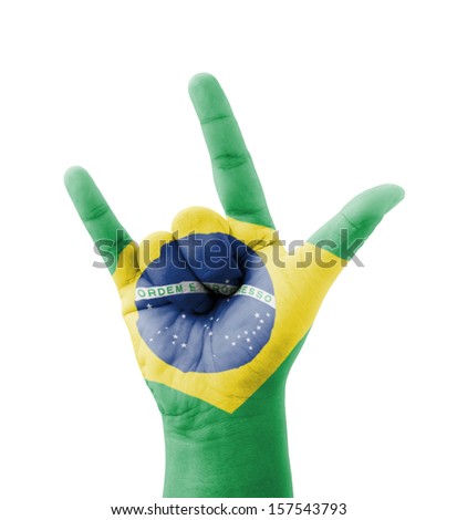 Hand making I love you sign, Brazil flag painted, multi purpose concept - isolated on white background