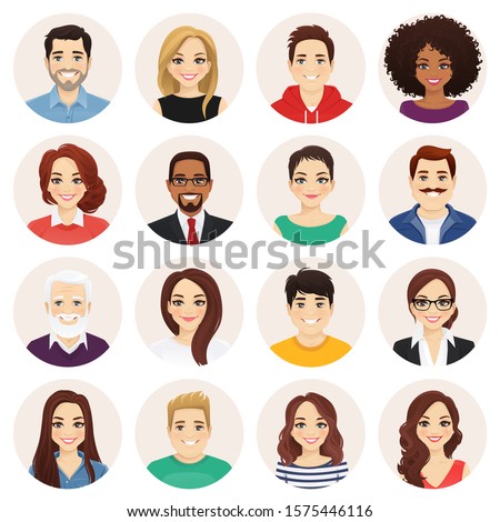 Smiling people avatar set. Different men and women characters collection. Isolated vector illustration. Royalty-Free Stock Photo #1575446116