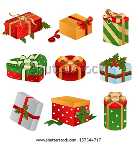 A vector illustration of different design of Christmas present boxes