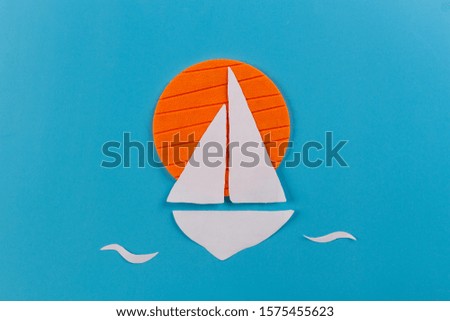 Sailing boat on blue sky background. Cartoon styled