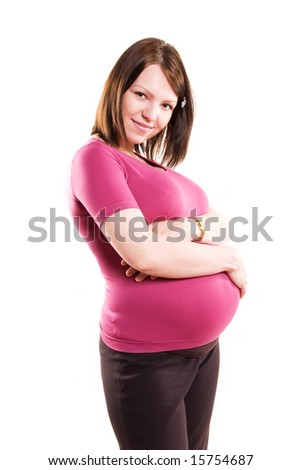 happy pregnant woman against white background