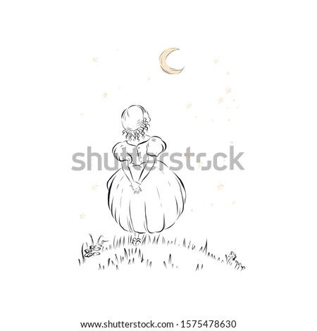 Princess girl standing alone and looks at the moon. Coloring page. Fairy book illustration. 
