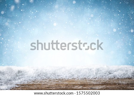 snow background light floor cold empty blue wooden space white table xmas top plank season wood card january frost falling concept - stock image