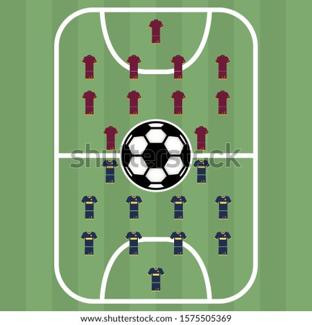 Texture soccer field with markup, ball and players, vector illustration.