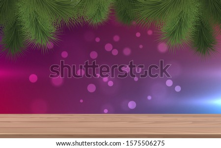wooden table and pine tree with pink light background