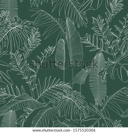 Elegant seamless pattern with green hand drawn line tropical leaves and flowers. Floral pattern. Vintage green background. Royalty-Free Stock Photo #1575520306