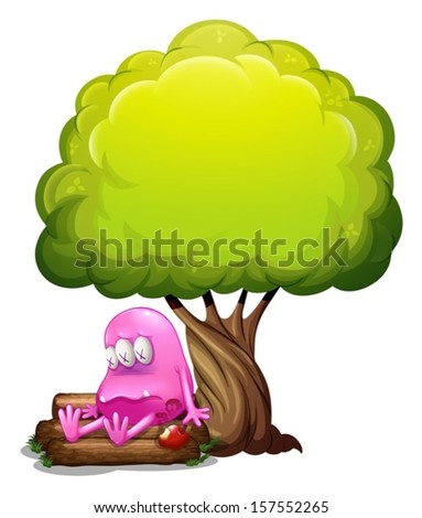 Illustration of a poisoned monster sitting above the log under the tree on a white background
