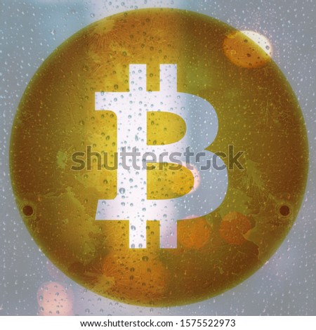 Gold Bitcoin Symbol on Raindrops Car Window. Digital Currency. Crypto Currency - Illustration, Icon, Logo, Clip Art or Image for Business, Finance or Educational Events