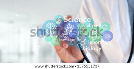 View of a Doctor holding Science icons and title 