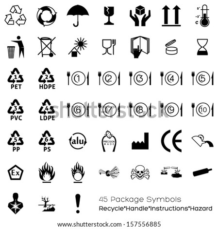 Collection of 45 Packaging Symbols(recycle, handle, instructions, hazard). Black.
