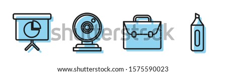 Set line Briefcase, Presentation financial board with graph, schedule, chart, diagram, infographic, pie graph, Web camera and Marker pen icon. Vector