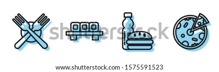 Set line Bottle of water and burger, Crossed fork, Sushi on cutting board and Pizza icon. Vector