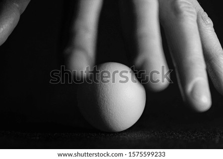 Egg in hand closeup on black background with space for text. Concept of life and health.Black and white photography art, soft focus and hard light.
