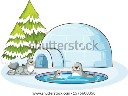 Scene with three seals and igloo illustration