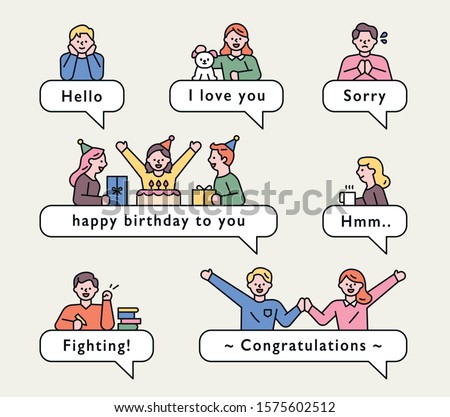 Various mobile chat messages and cute people emoticons. flat design style minimal vector illustration.