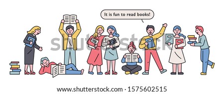 People are standing in line to read or promote books. flat design style minimal vector illustration.