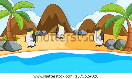 Scene with penguins on the beach illustration