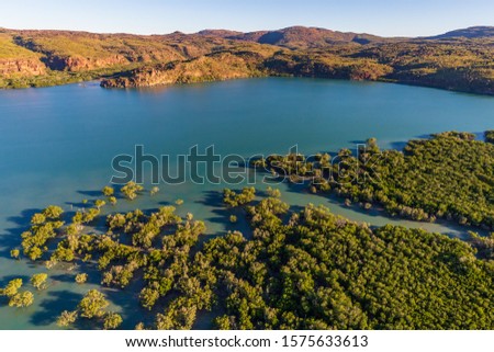 Landscape aerial view of the Hunter River in Prince Frederick Harbor in the remote North Kimberley of Australia. Royalty-Free Stock Photo #1575633613