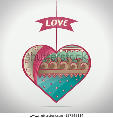 A heart decorated with cartoon patterns hanging with banner reading Love. Please note: This file is vector EPS10 and uses transparencies and clipping masks. 