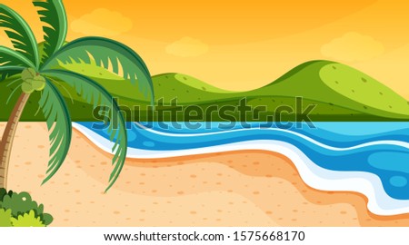 Nature scene with ocean at sunset illustration