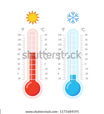 Hot and cold thermometers. Blue and red thermometers. Celsius and fahrenheit meteorology thermometers measuring heat and cold. Vector illustration Royalty-Free Stock Photo #1575684595