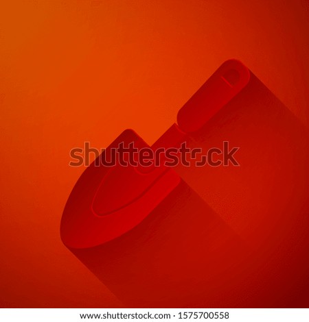 Paper cut Garden trowel spade or shovel icon isolated on red background. Gardening tool. Tool for horticulture, agriculture, farming. Paper art style. Vector Illustration