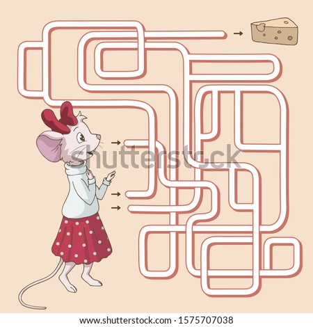 Labyrinth. Maze game for kids. Help cute cartoon mouse girl find path to a cheese. Vector illustration. Red and yellow colors. 