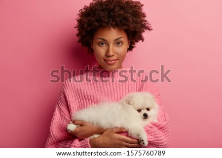 Confident African American woman holds small dog, come to vet to get advice how to feed Pomerian spitz, looks directly at camera, poses against pink background. Pet care, animals, people concept