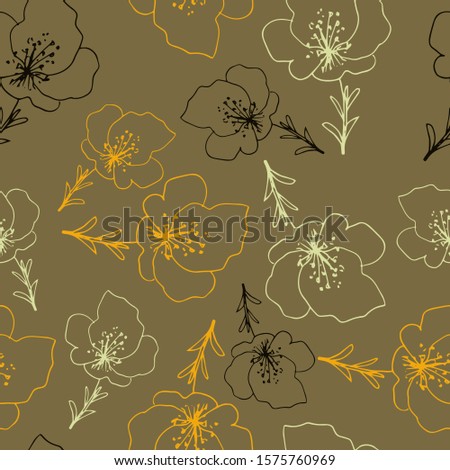 Floral seamless pattern in line art style.  Abstract botanical print of flowers, leaves, twigs. Textile design texture. Spring blossom background. Vector illustration. 