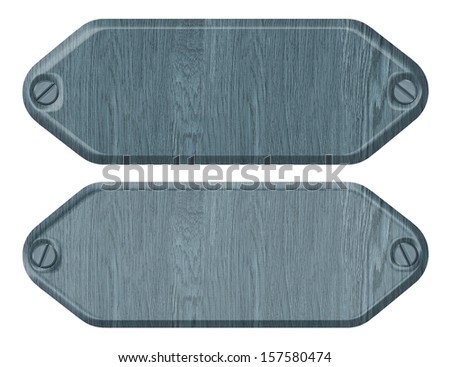 wooden sign board, on white background. blue label.