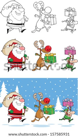 Reindeer, Elf  And Santa Claus Carrying Christmas Presents. Vector Collection Set