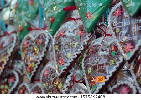 Gingerbread hearts displayed on a Christmas Market in Poland. 