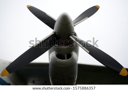 Propeller of a plane. Air inlet under the plane`s propeller. Foreign object damage risk. Royalty-Free Stock Photo #1575886357