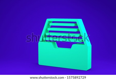 Green Drawer with documents icon isolated on blue background. Archive papers drawer. File Cabinet Drawer. Office furniture. Minimalism concept. 3d illustration 3D render