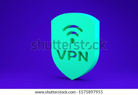 Green Shield with VPN and wifi wireless internet network symbol icon isolated on blue background. VPN protect safety concept. Minimalism concept. 3d illustration 3D render