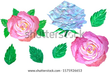 Watercolor illustration set with roses, rosebuds and leaves for invitation or greeting card.