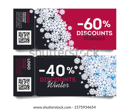 Christmas and New Year discount Voucher, Coupon Template for winter discounts with snowflakes diagonal design element and torn-off part