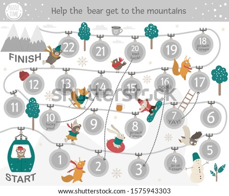 Winter adventure board game for children with sports and activities. Educational holiday boardgame. Puzzle with forest animals in funicular cable car. Help bear get to the mountains